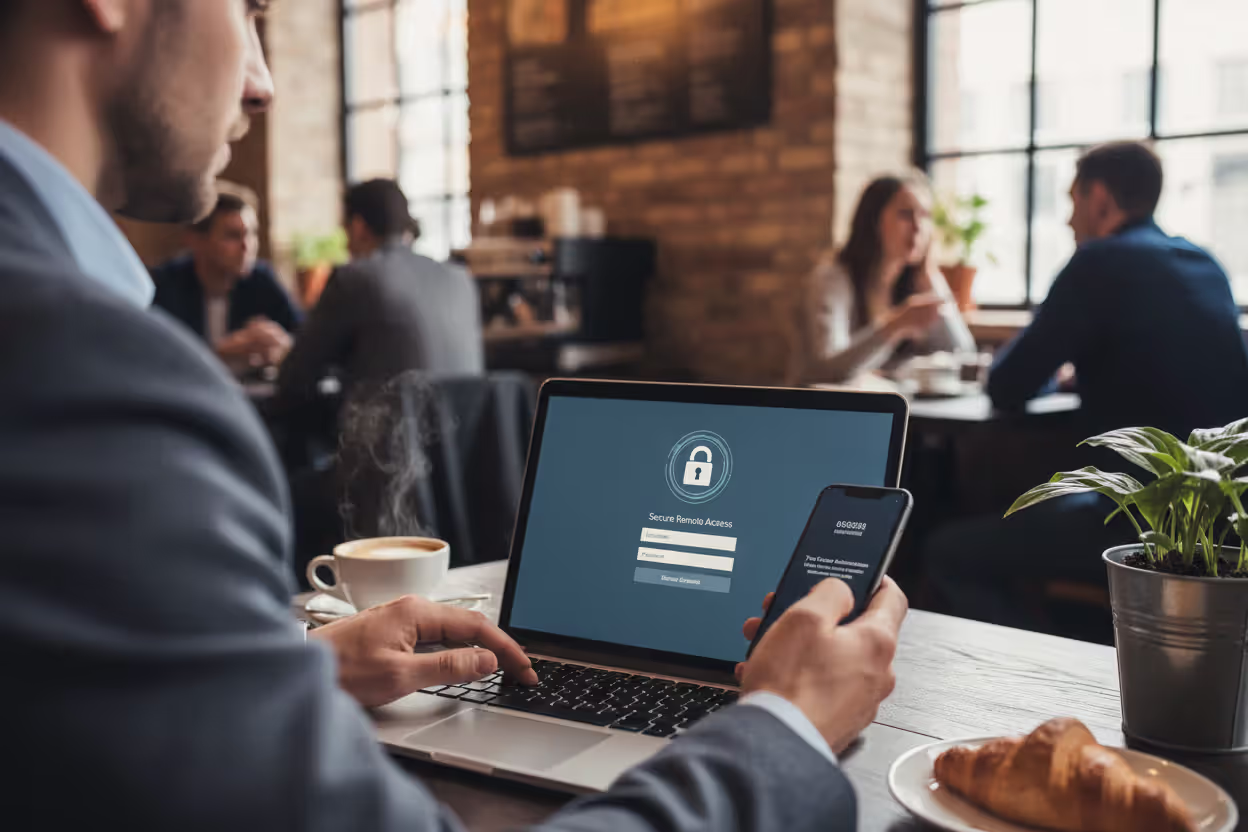 Remote employee using VPN with multi-factor authentication from a coffee shop