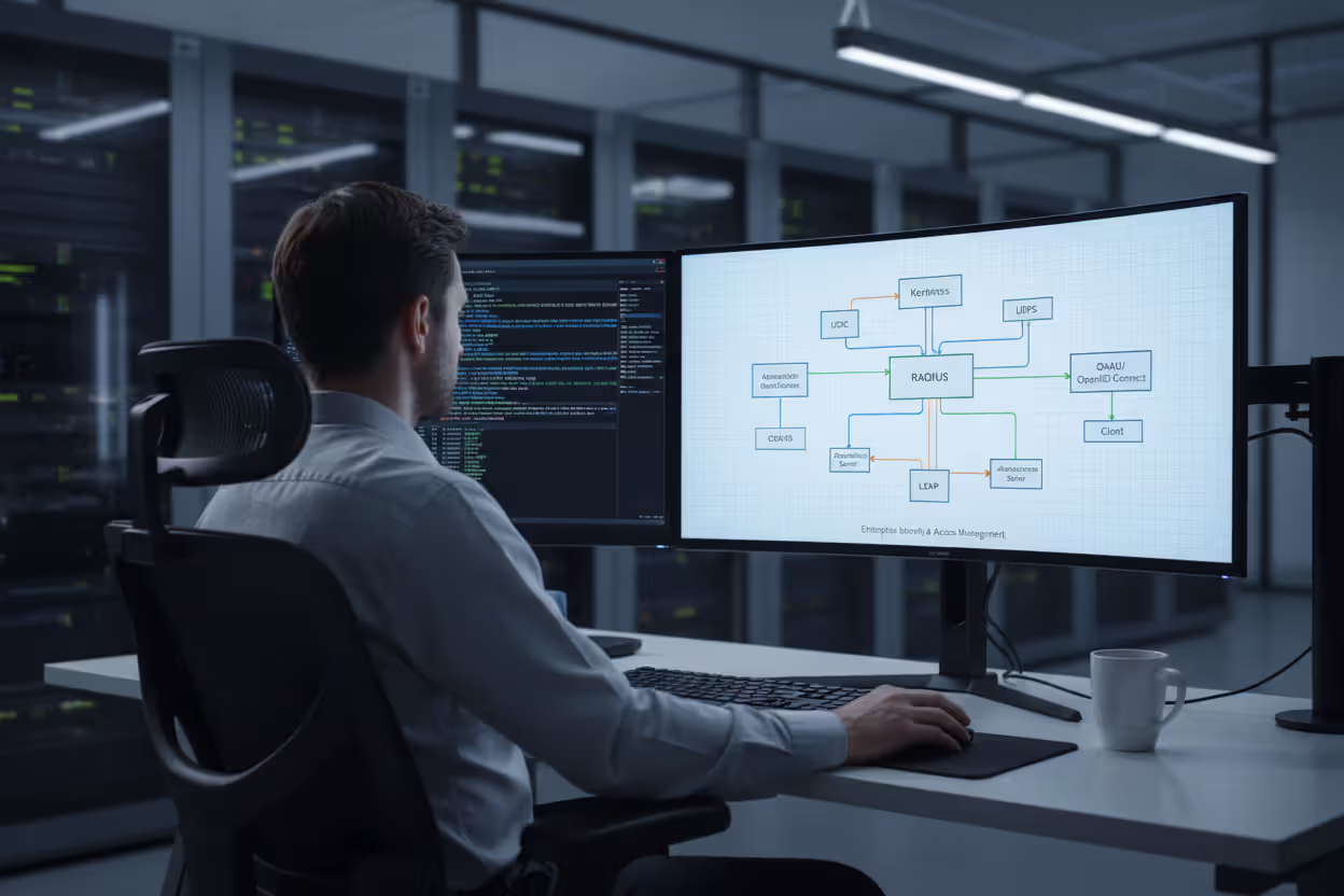 Security engineer reviewing authentication protocols and identity infrastructure architecture