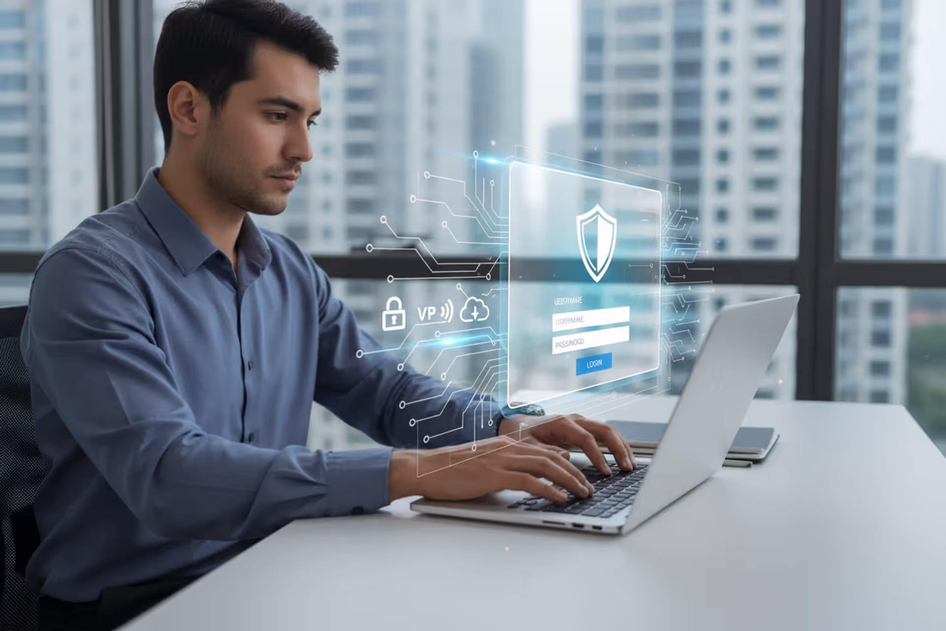 Employee authenticating into a secure corporate network on a laptop with VPN, Wi‑Fi, and cloud access icons