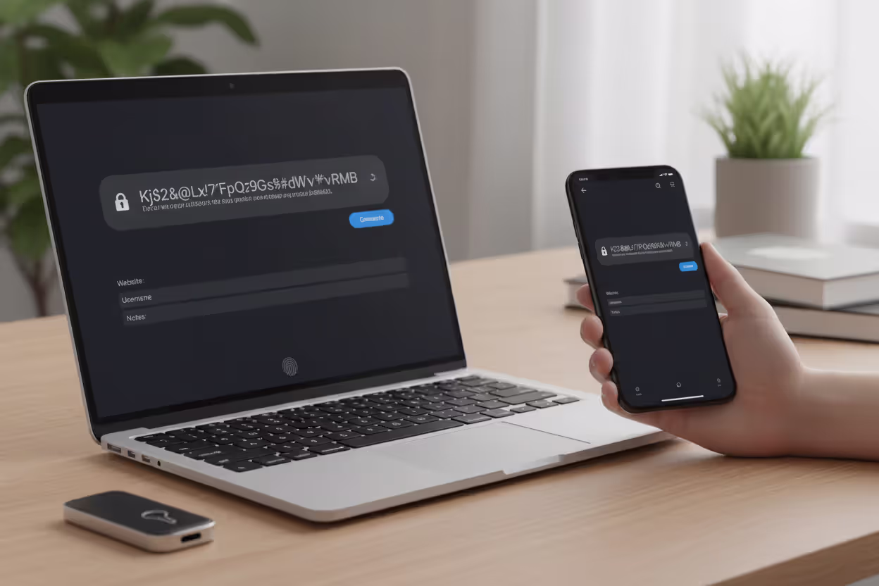 Password manager generating and storing strong passwords on laptop and phone