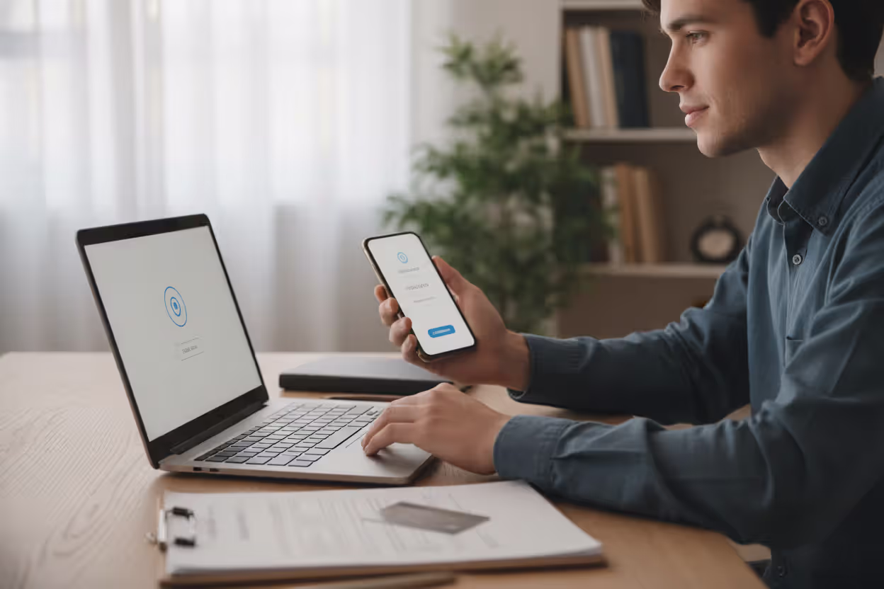Person using two-factor authentication to access a personal account at home