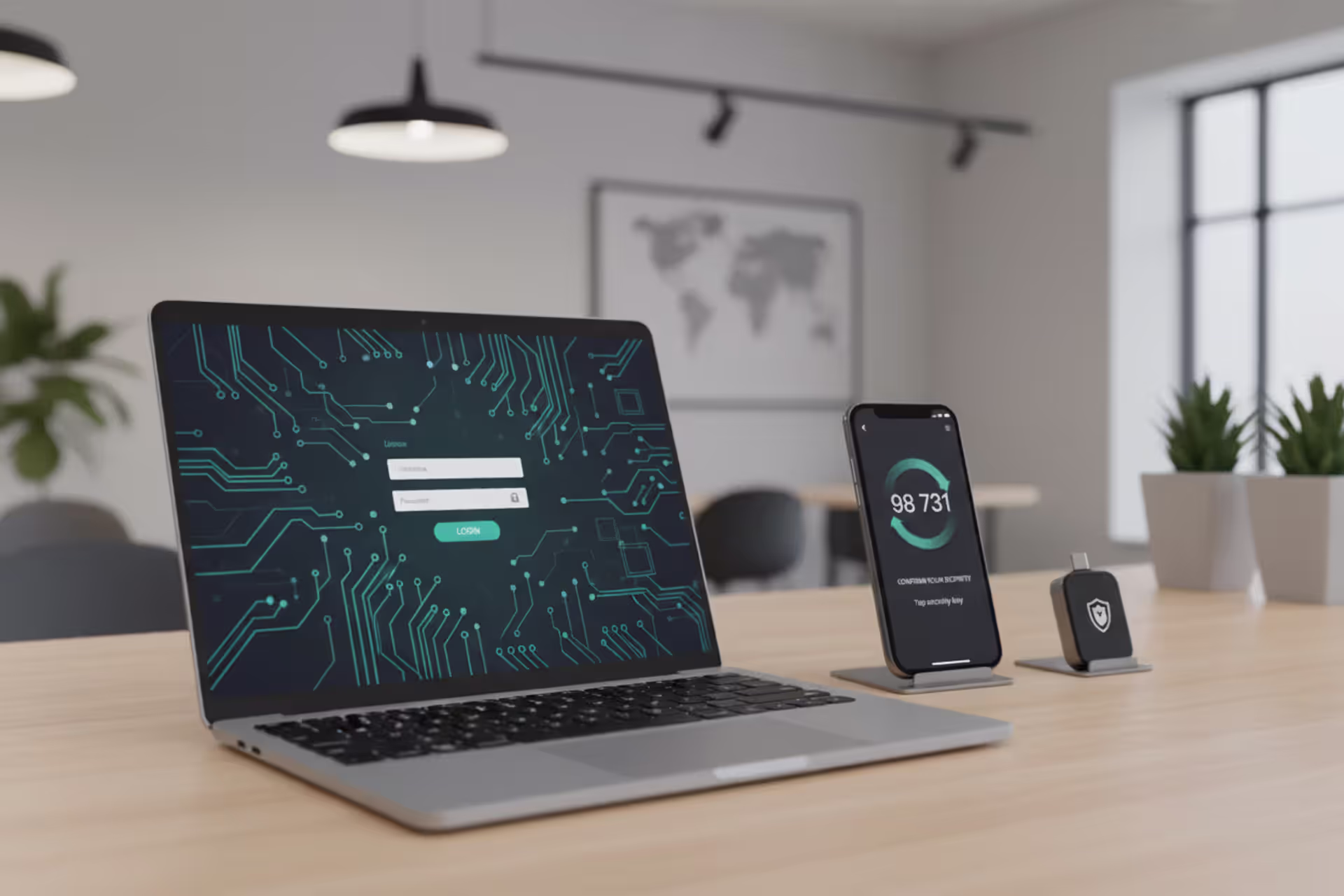 Password security concept with laptop, smartphone authentication, and hardware security key