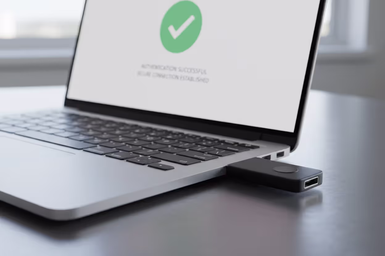 Hardware security key connected to laptop for secure authentication
