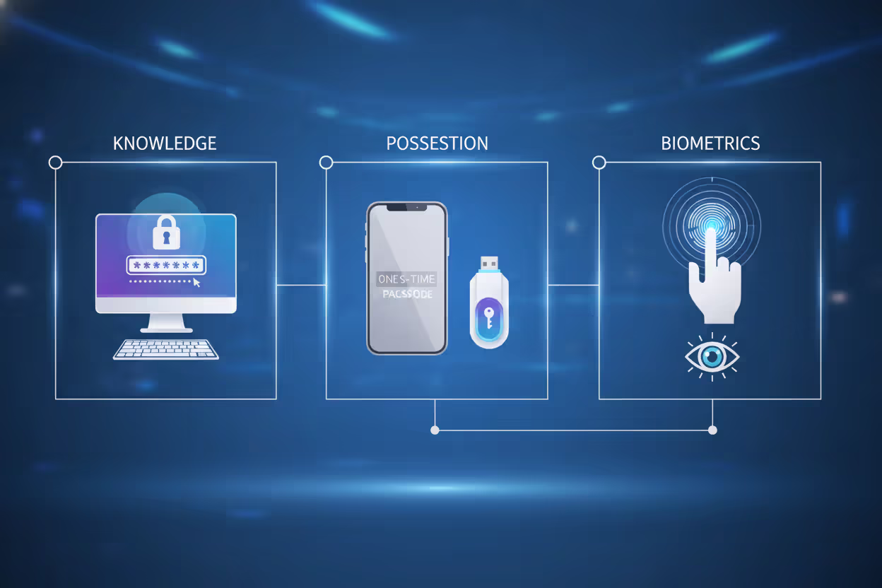 Three-factor authentication illustration with password, phone token, and fingerprint scan