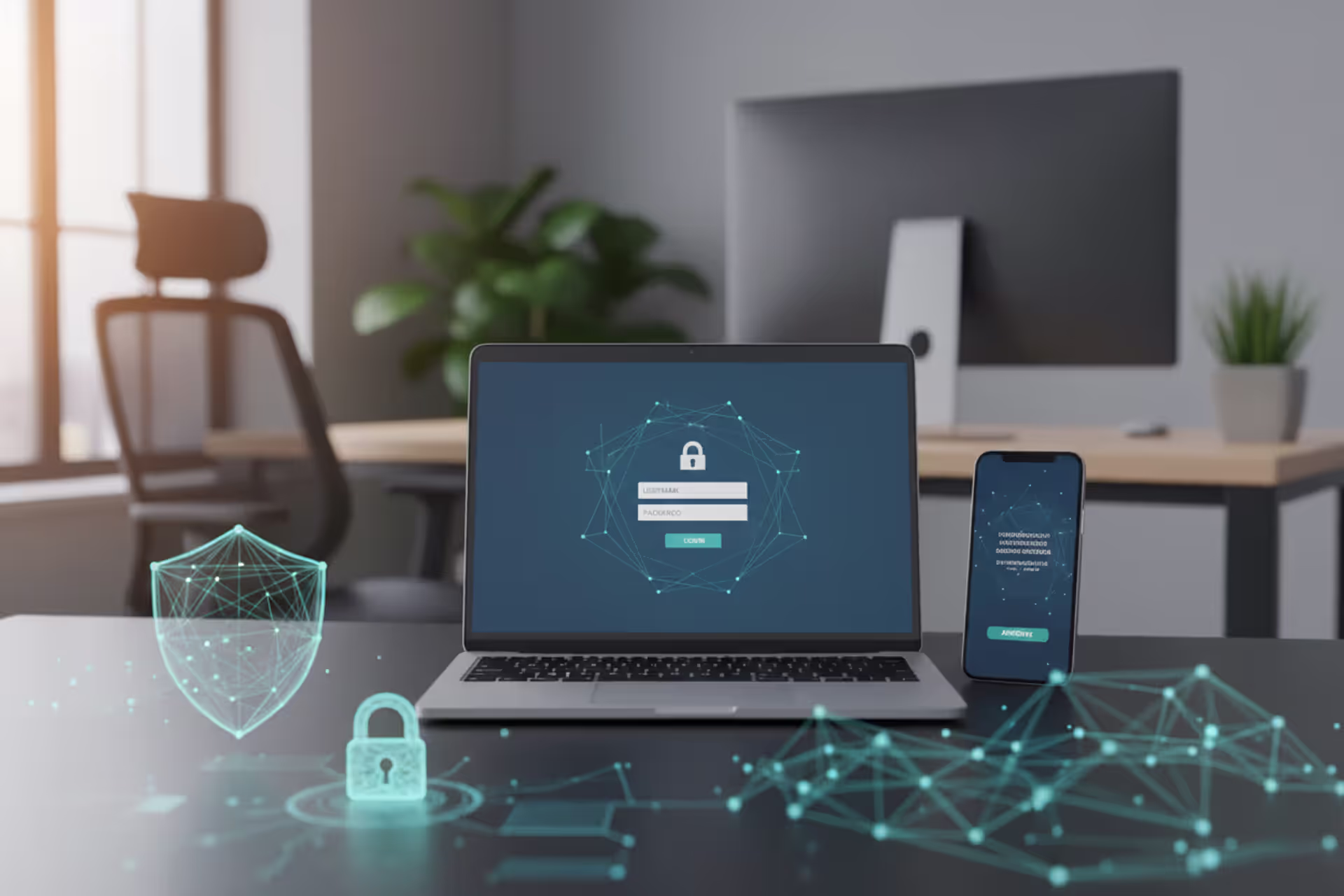 Cybersecurity workspace with laptop login screen and smartphone MFA prompt