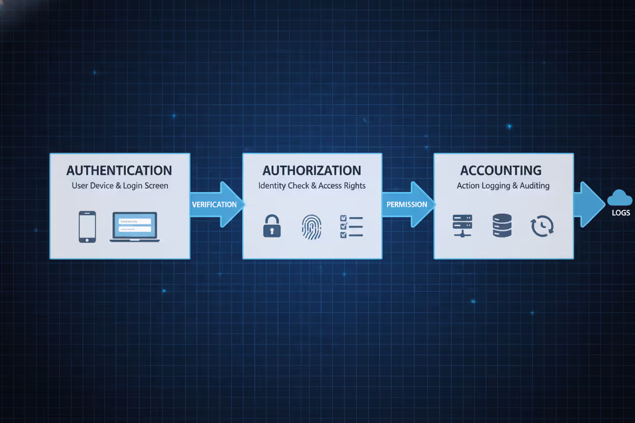 AAA framework diagram showing authentication authorization and accounting flow