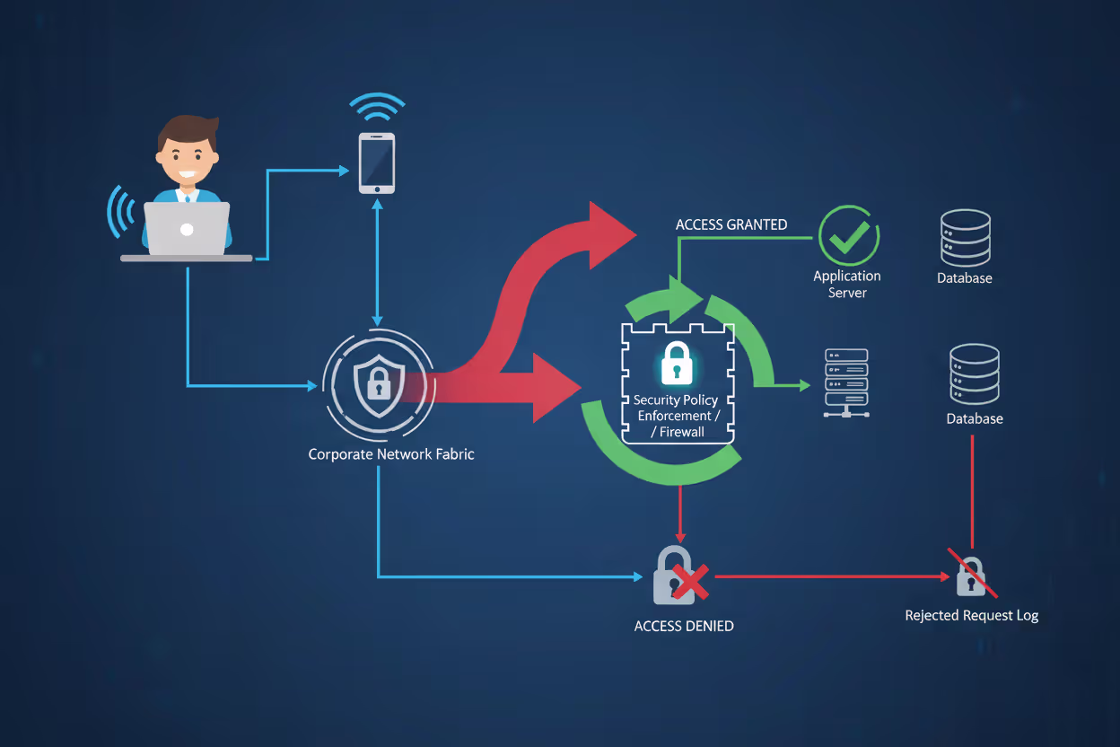 Secure network access request being evaluated across users devices and resources