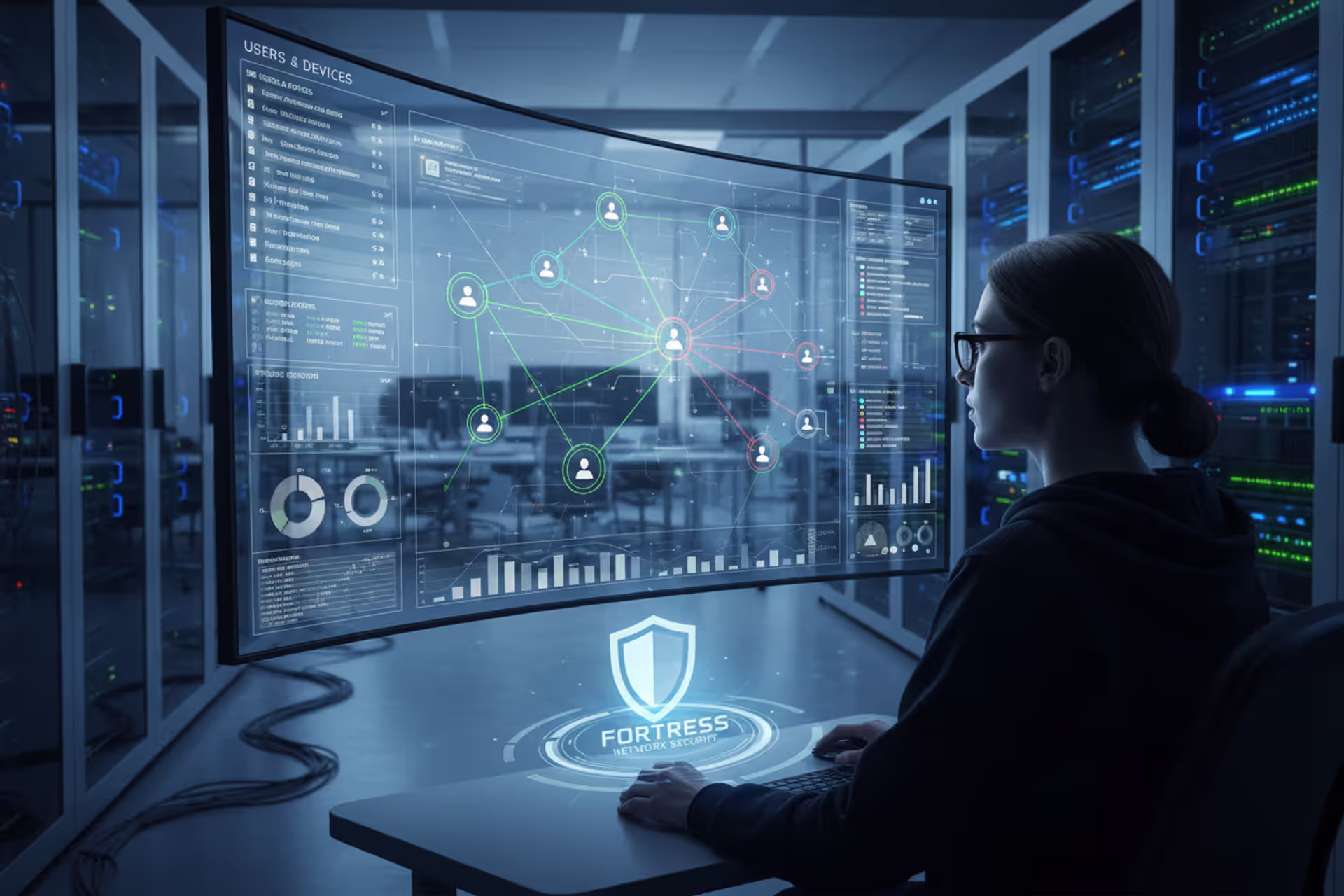 Network security access control concept with analyst monitoring user and device permissions