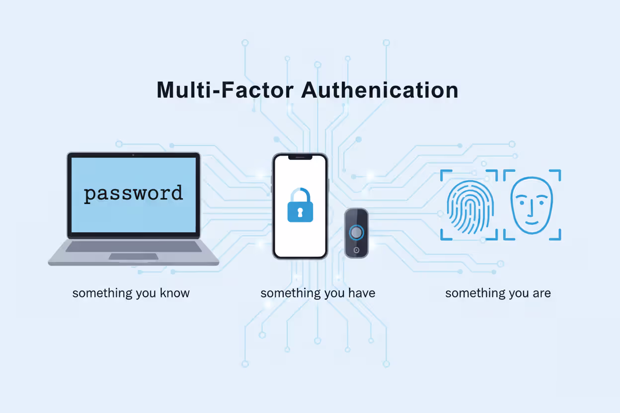 Three authentication factors: password, mobile device or token, and biometric verification