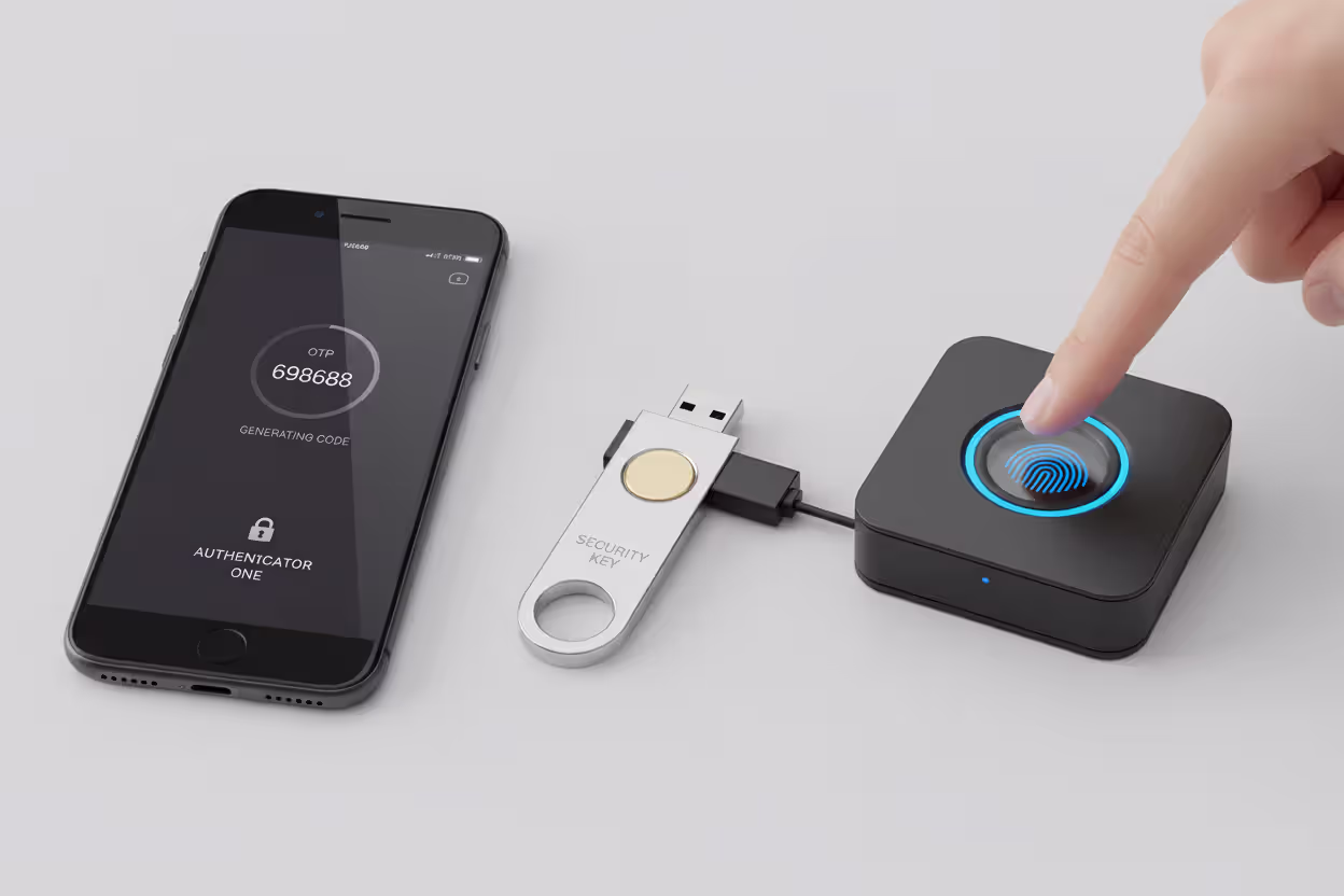 Comparison of MFA methods including authenticator app, security key, and fingerprint scanner