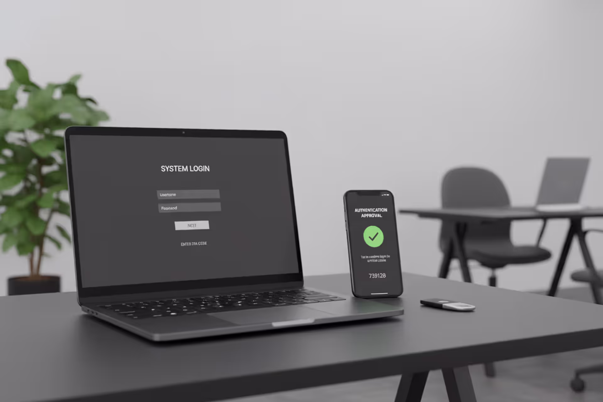 Multi-factor authentication concept with laptop, smartphone approval, and hardware security key