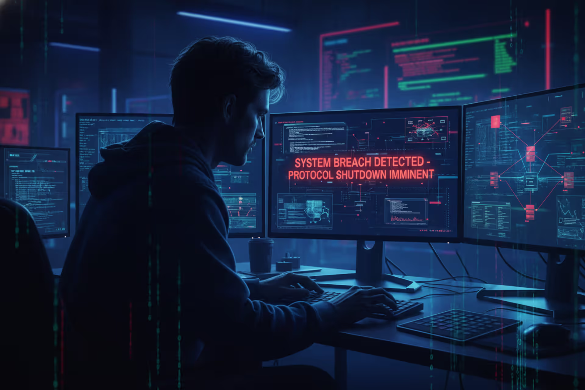 Cybersecurity analyst monitoring a large-scale cyberattack on digital infrastructure