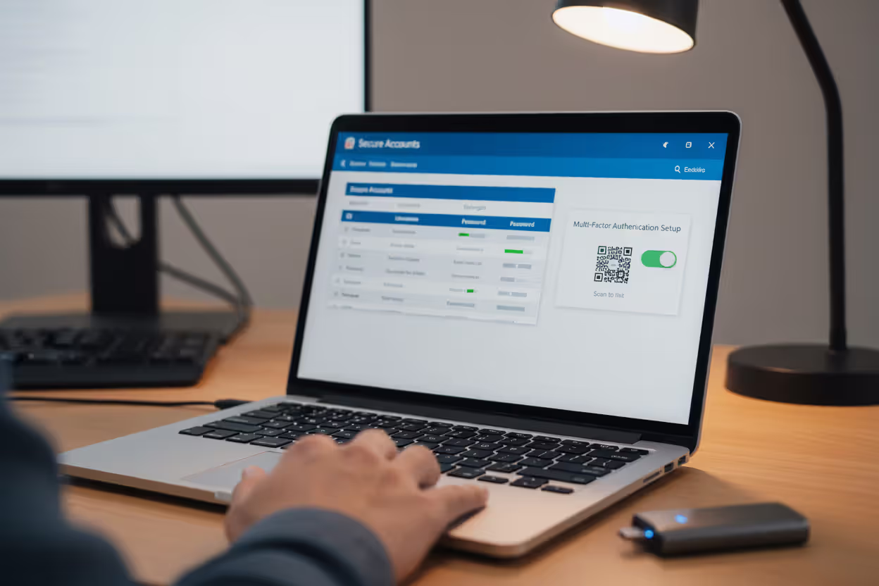User setting up password manager and multi-factor authentication on a laptop with a security key nearby