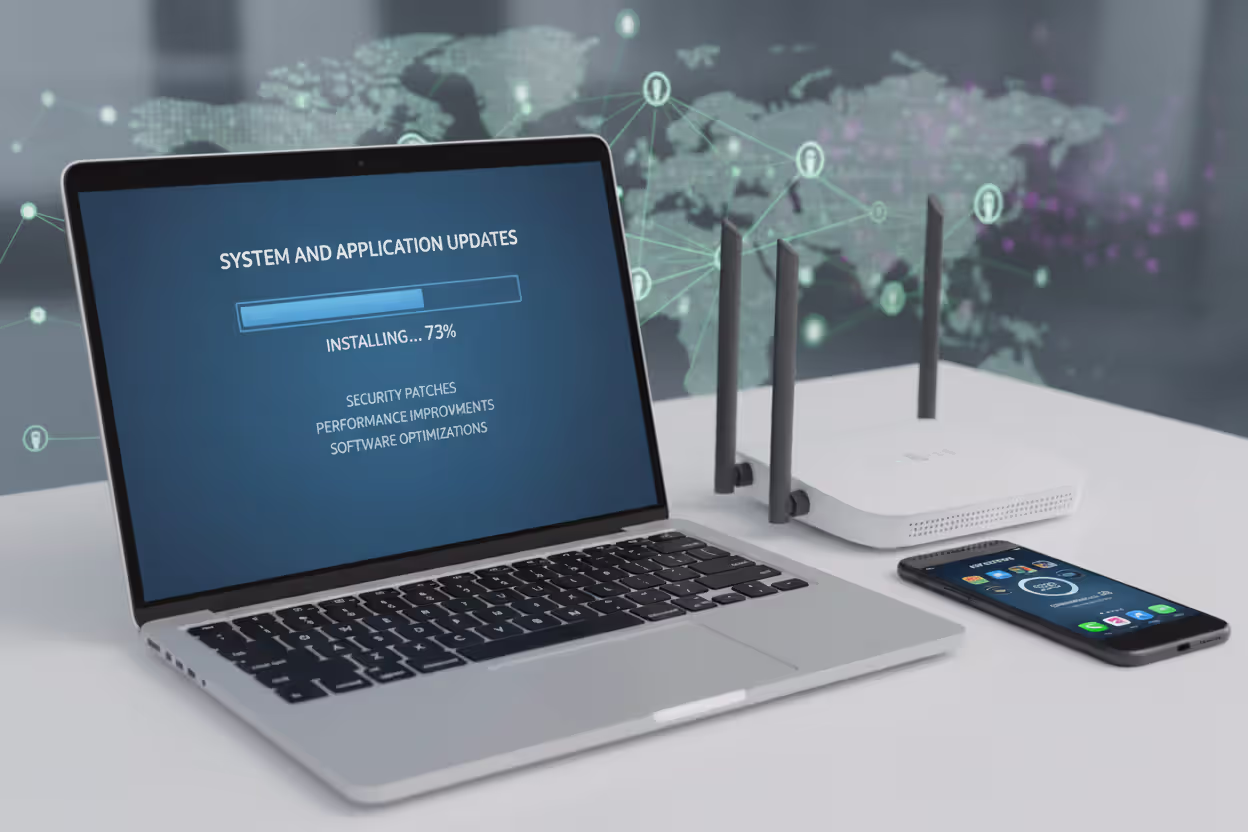Computer and mobile devices receiving security updates with router in the background