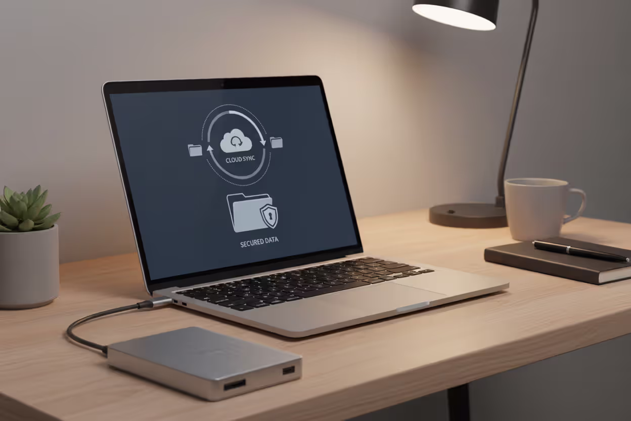 Encrypted backup workflow with external drive, laptop, and secure cloud storage icons