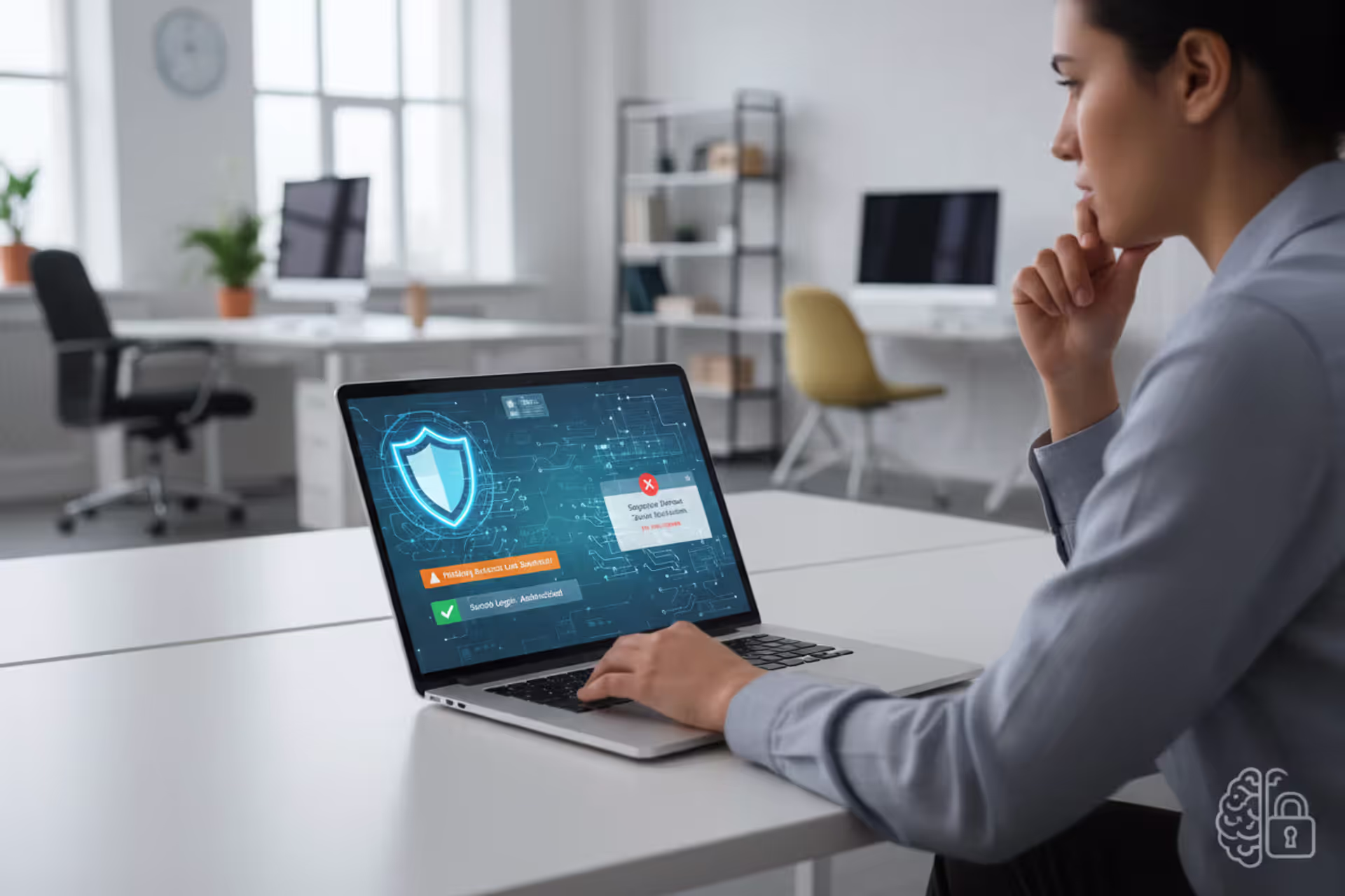 Employee learning cybersecurity awareness at a laptop in a modern workspace