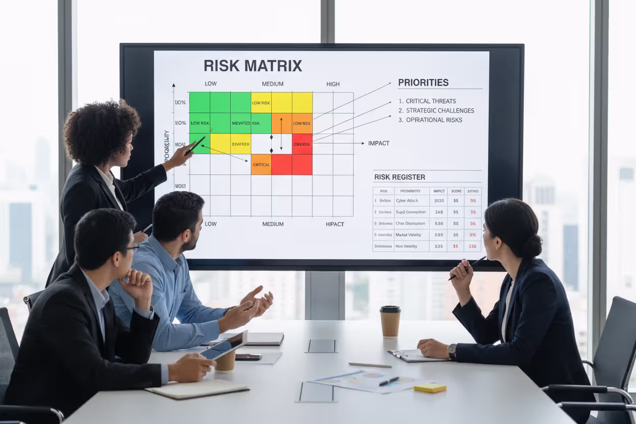Team analyzing cyber risk likelihood and business impact