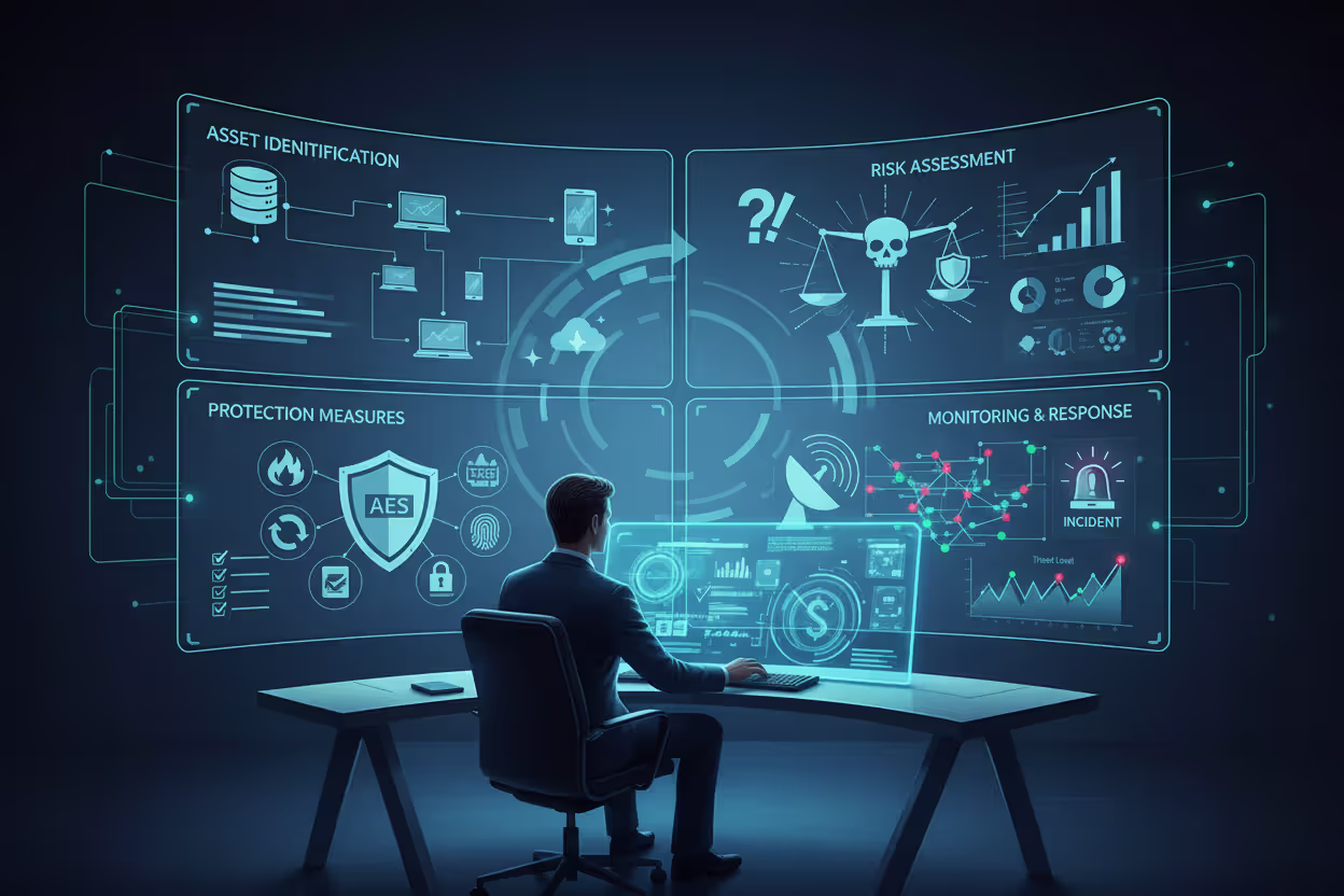 Cyber risk management lifecycle shown on security dashboards