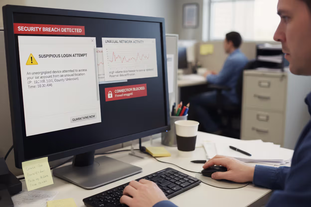 Security alerts on a business computer indicating possible cyber intrusion