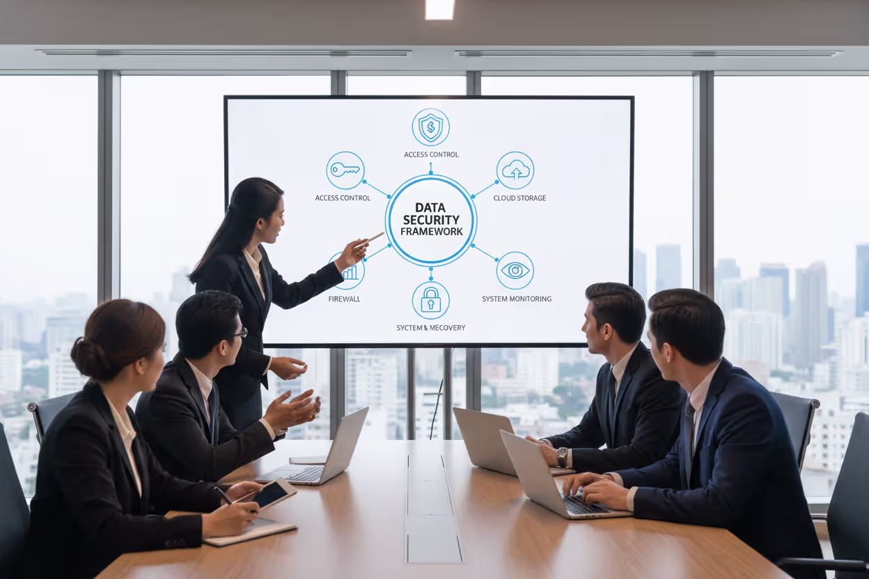 Business team reviewing a company data security strategy