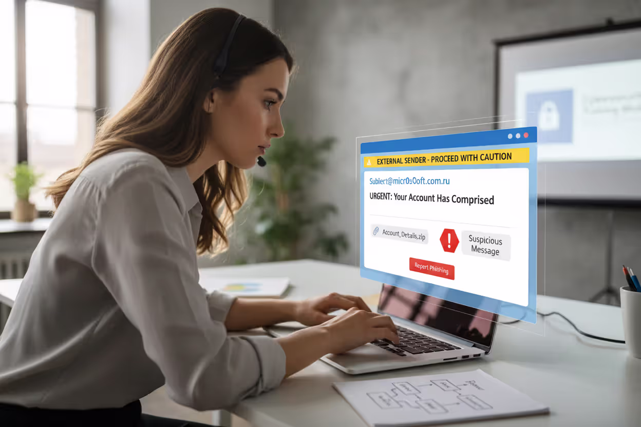 Employee identifying a phishing email on a laptop
