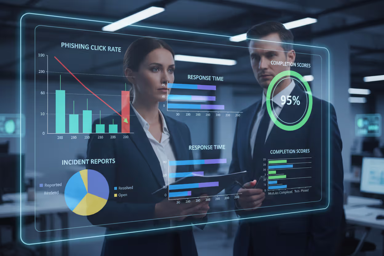 Security analyst reviewing awareness training metrics dashboard