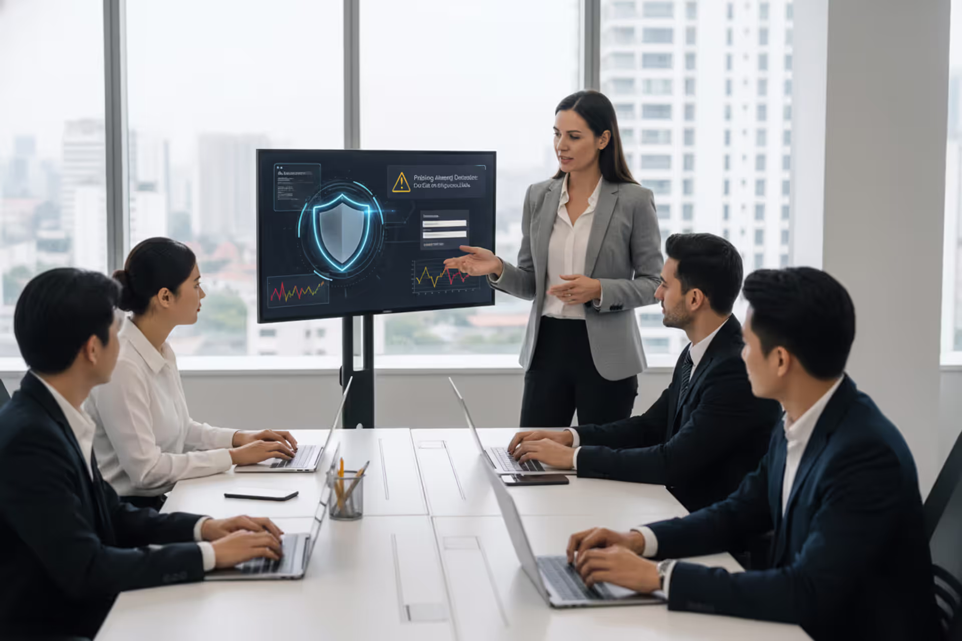 Corporate cybersecurity awareness training in a modern office