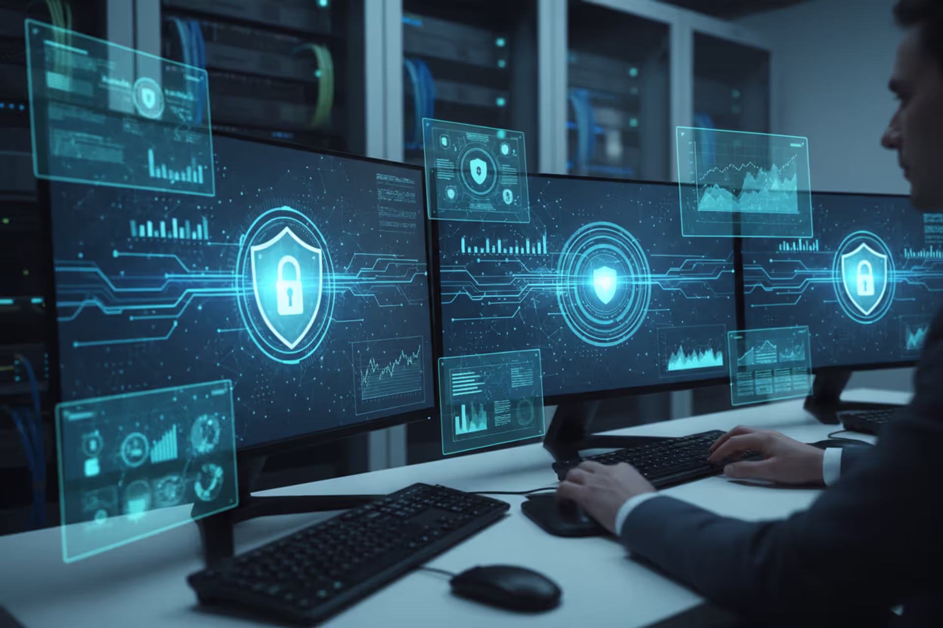 Cybersecurity concept with digital protection interfaces and secure network environment