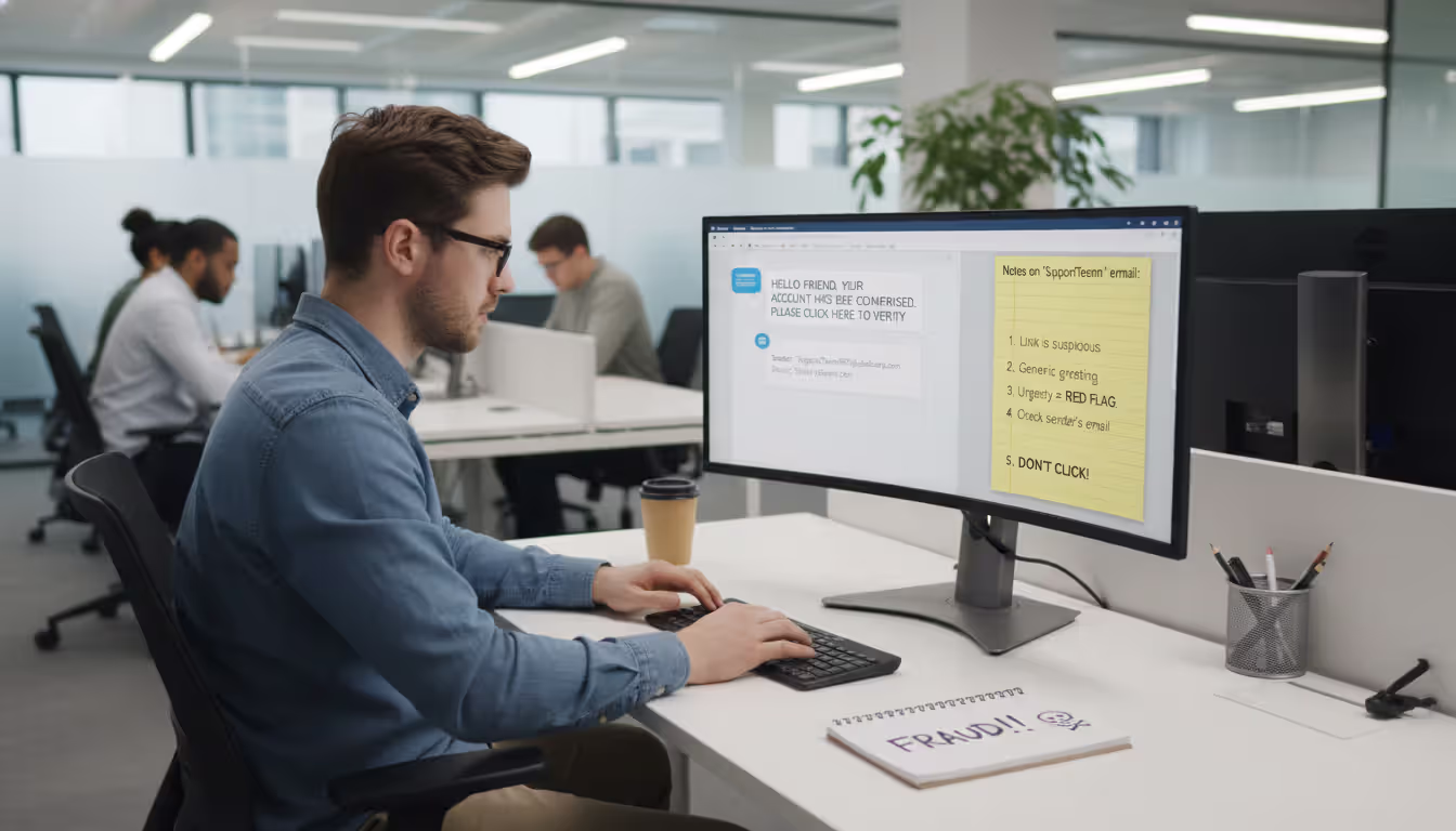 Employee responding to a suspicious email conversation on a laptop