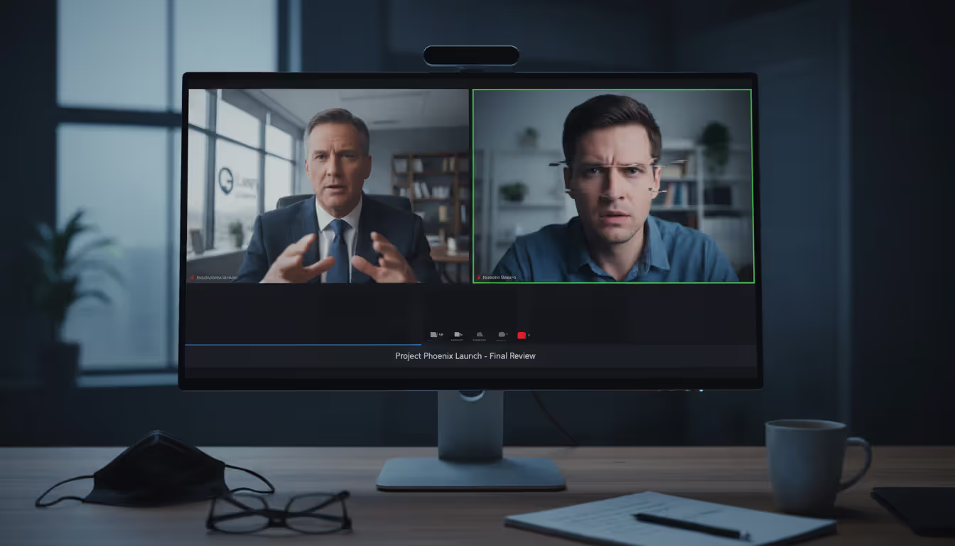 Employee watching a suspicious executive video call on a desktop screen