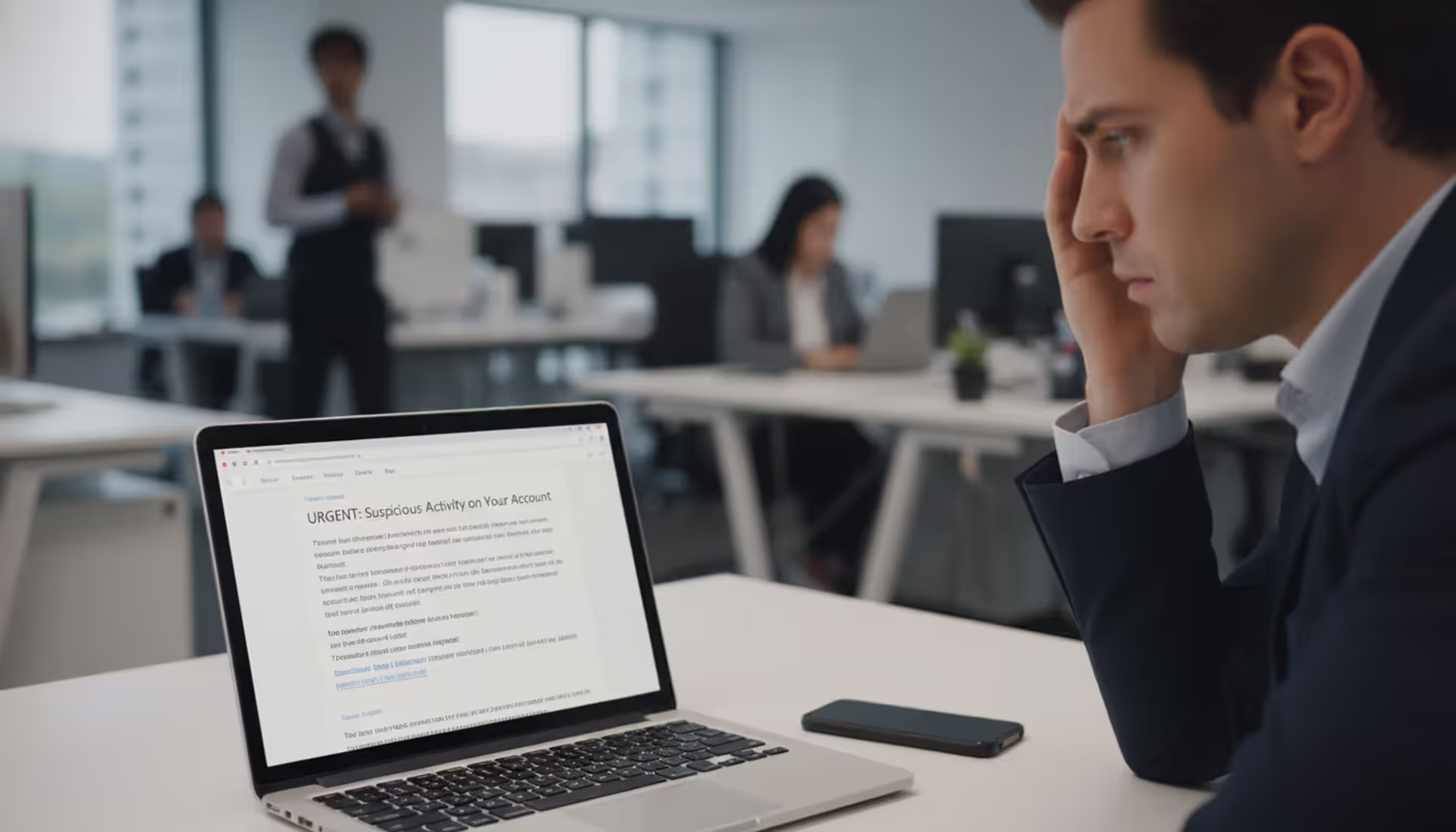 Office employee reading a suspicious business email on a laptop in a modern workplace