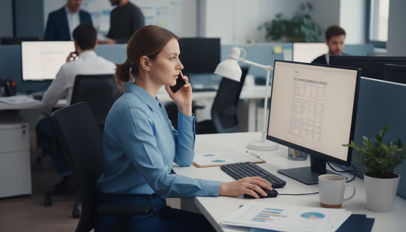 Office employee on a phone call reviewing a billing message that appears legitimate