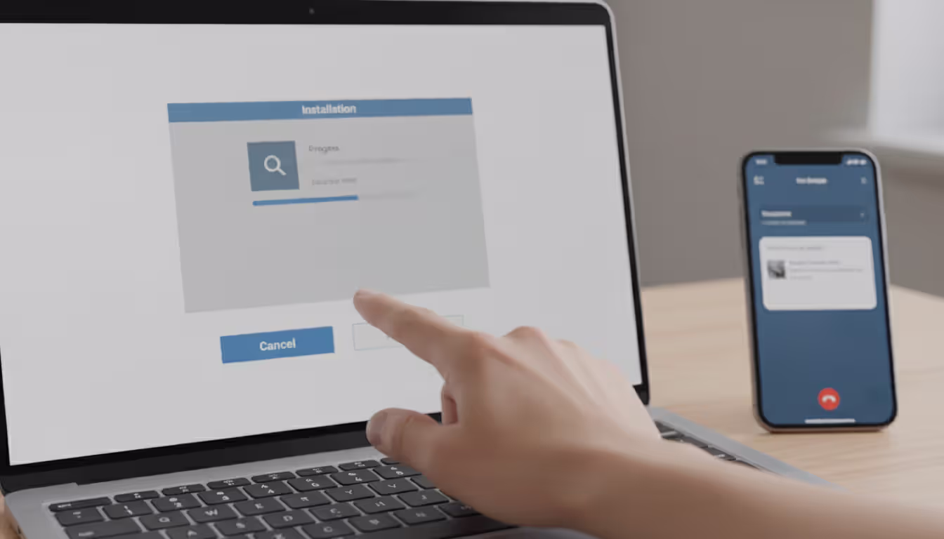 Laptop showing remote access software installation while a user hesitates during a support call