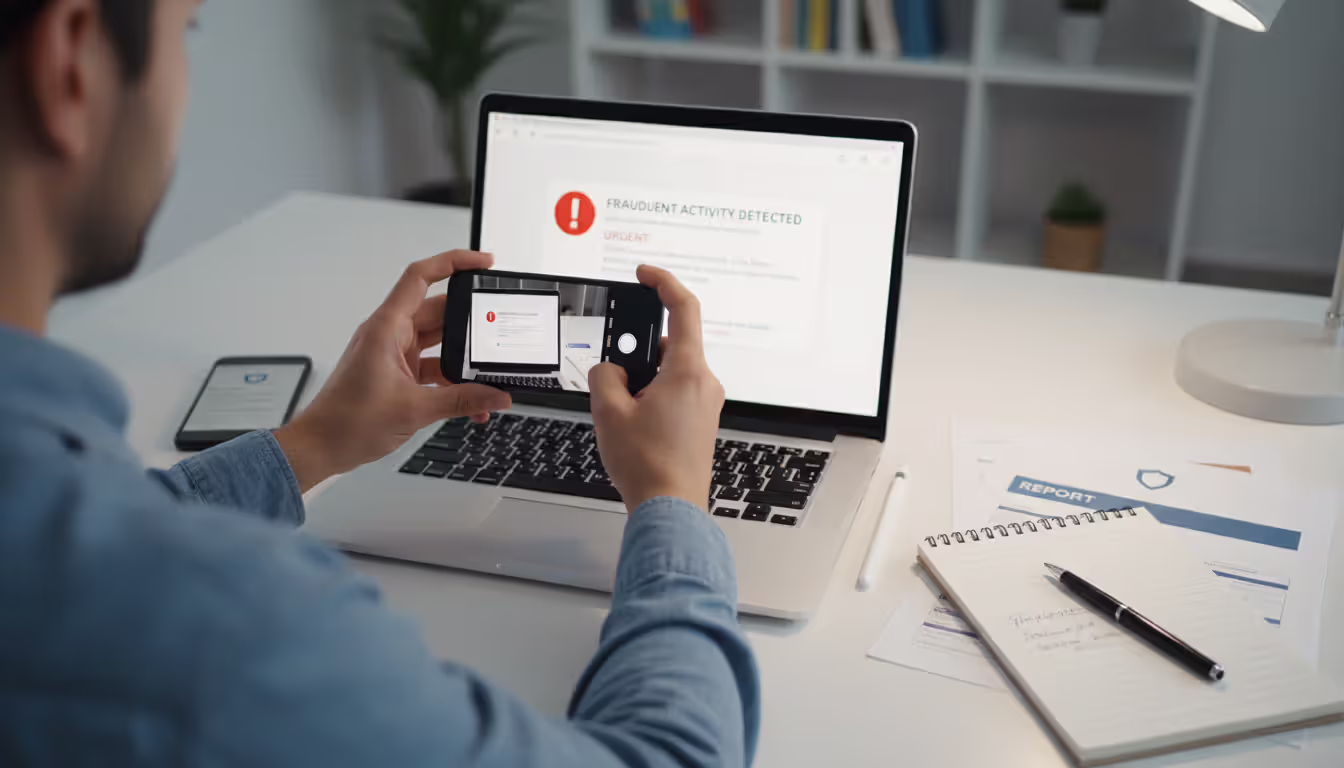 User documenting a callback phishing incident with phone, laptop, and written notes