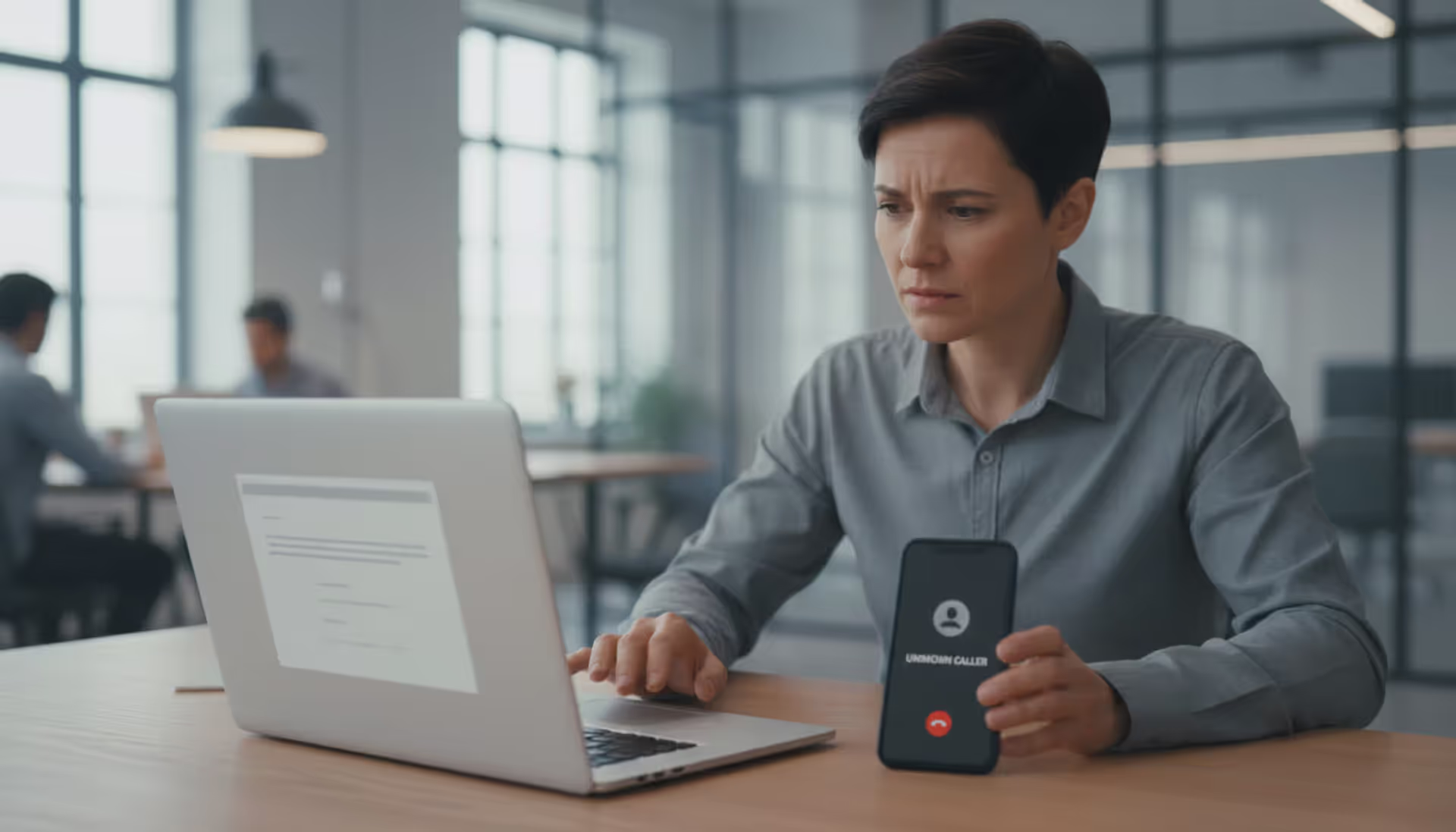 Office worker looking at laptop email and smartphone call, illustrating callback phishing risk