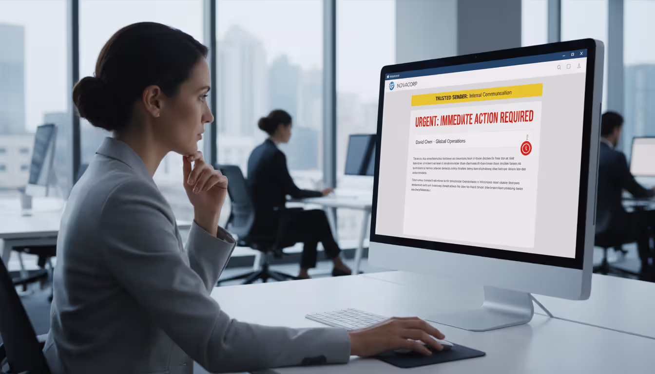 Office employee viewing an urgent email that appears familiar and trustworthy