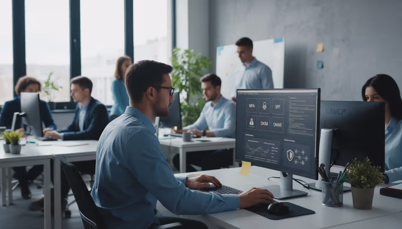 Security team configuring email protection with MFA and authentication protocols