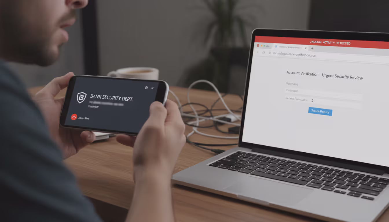 Person receiving suspicious bank security call while viewing account login page