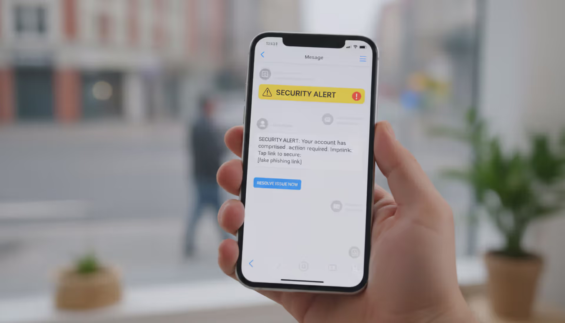 Smartphone showing suspicious phishing text messages in a real-life setting