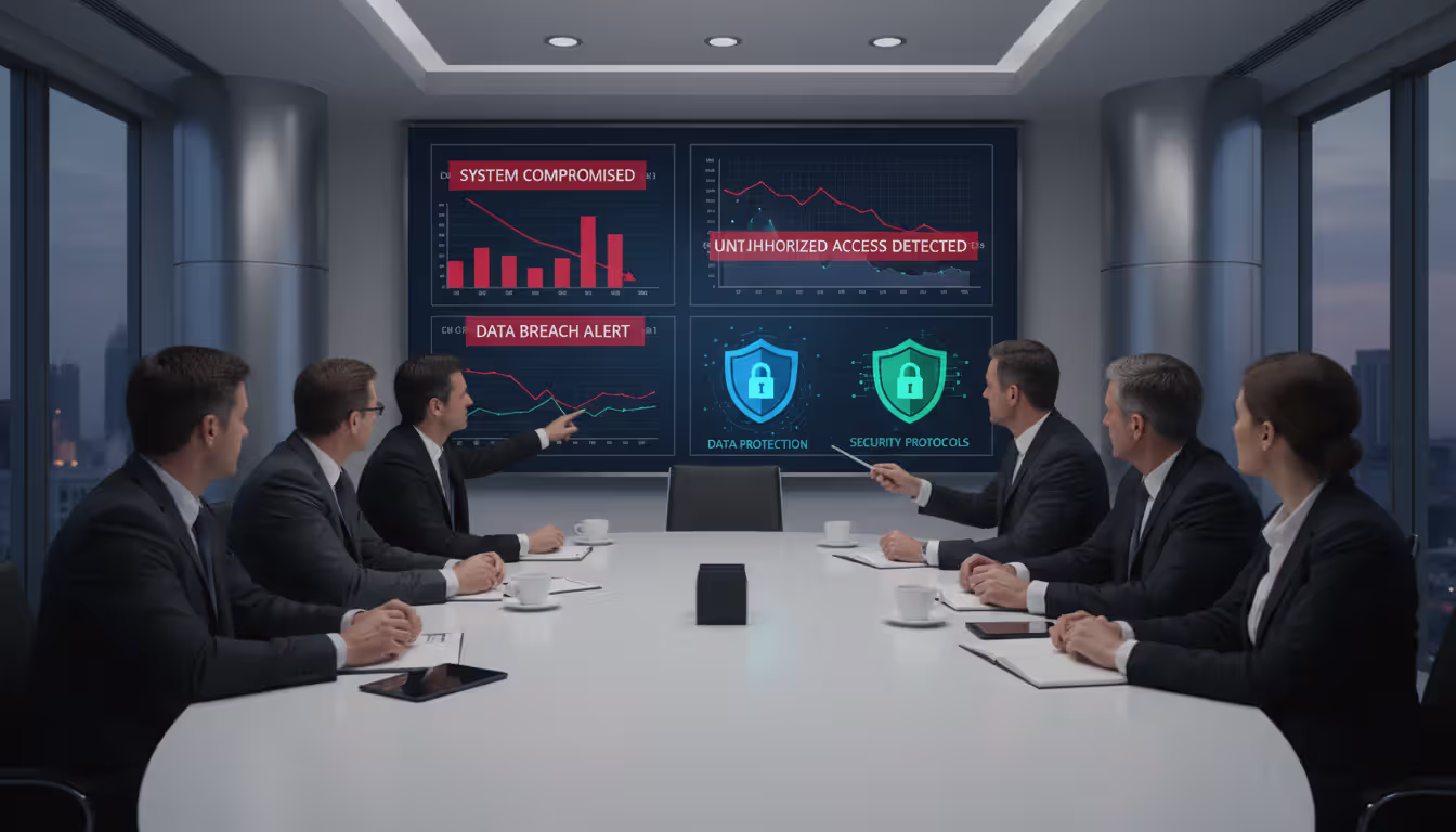 Cybersecurity and management team discussing phishing breach costs