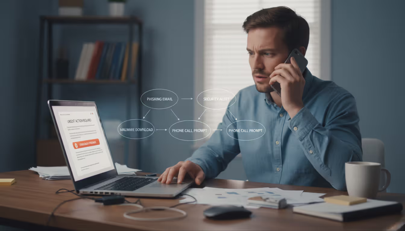 Person receiving a phishing email and suspicious phone call at the same time