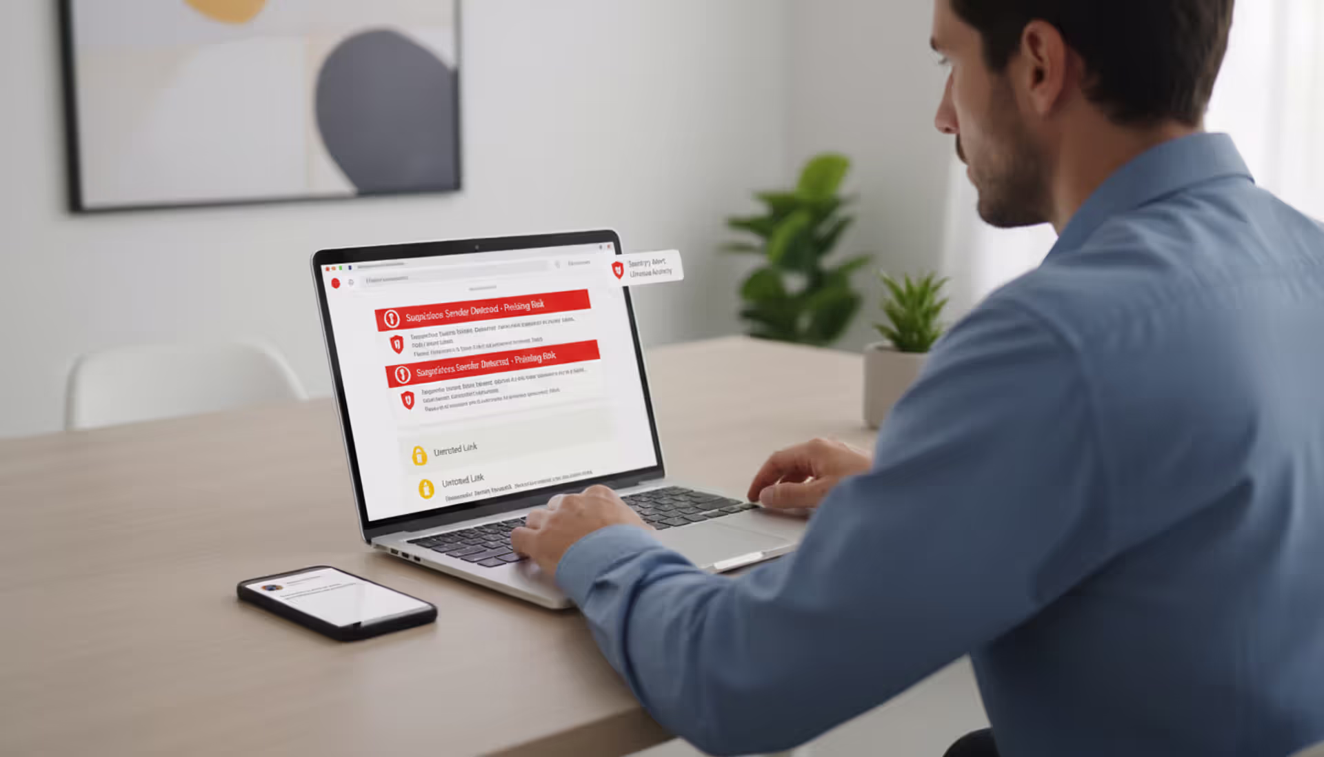 Employee reviewing suspicious emails on laptop and smartphone in office