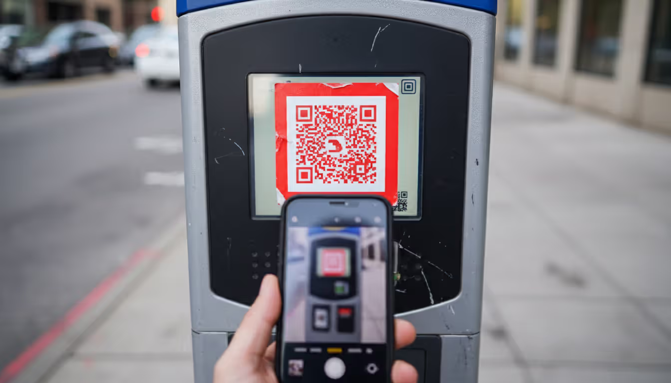 Fake QR code sticker placed over a parking meter payment code