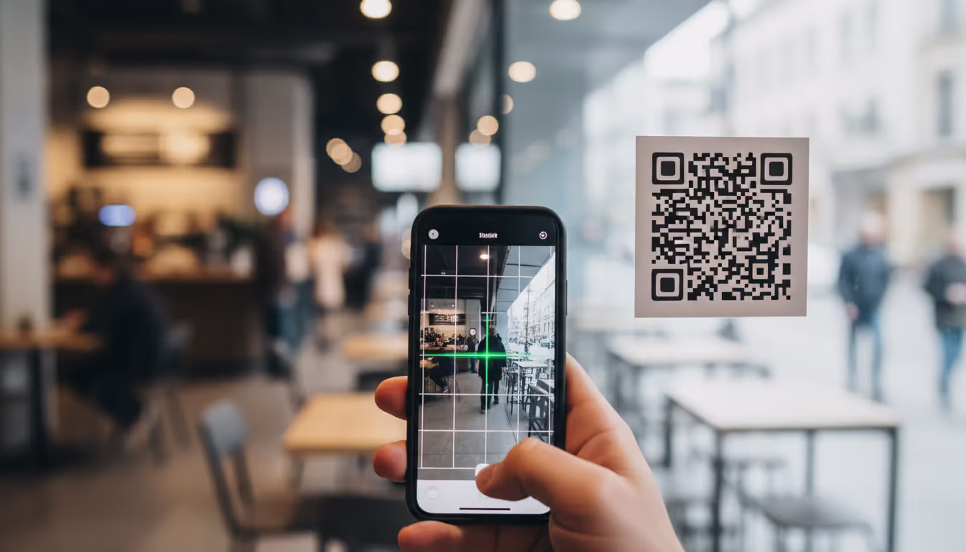Smartphone scanning a QR code in a public place with cybersecurity risk concept