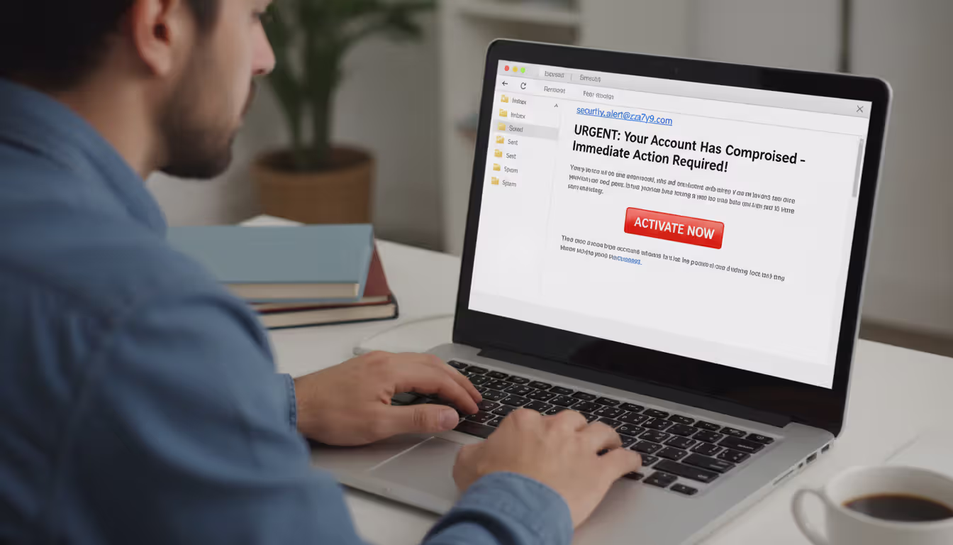 Person examining a suspicious phishing email on a laptop