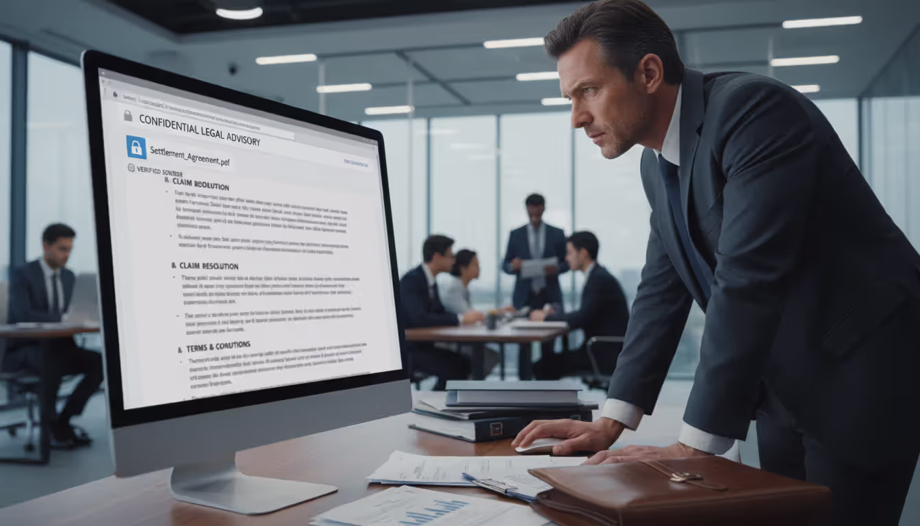 Executive reviewing a fraudulent legal email attachment in an office