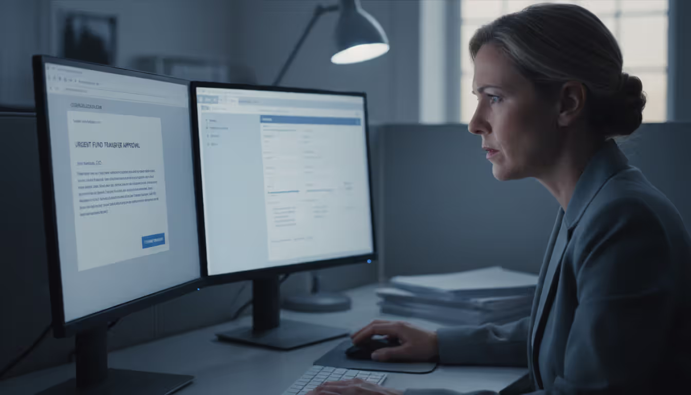 Finance employee reviewing a fraudulent CEO wire transfer email