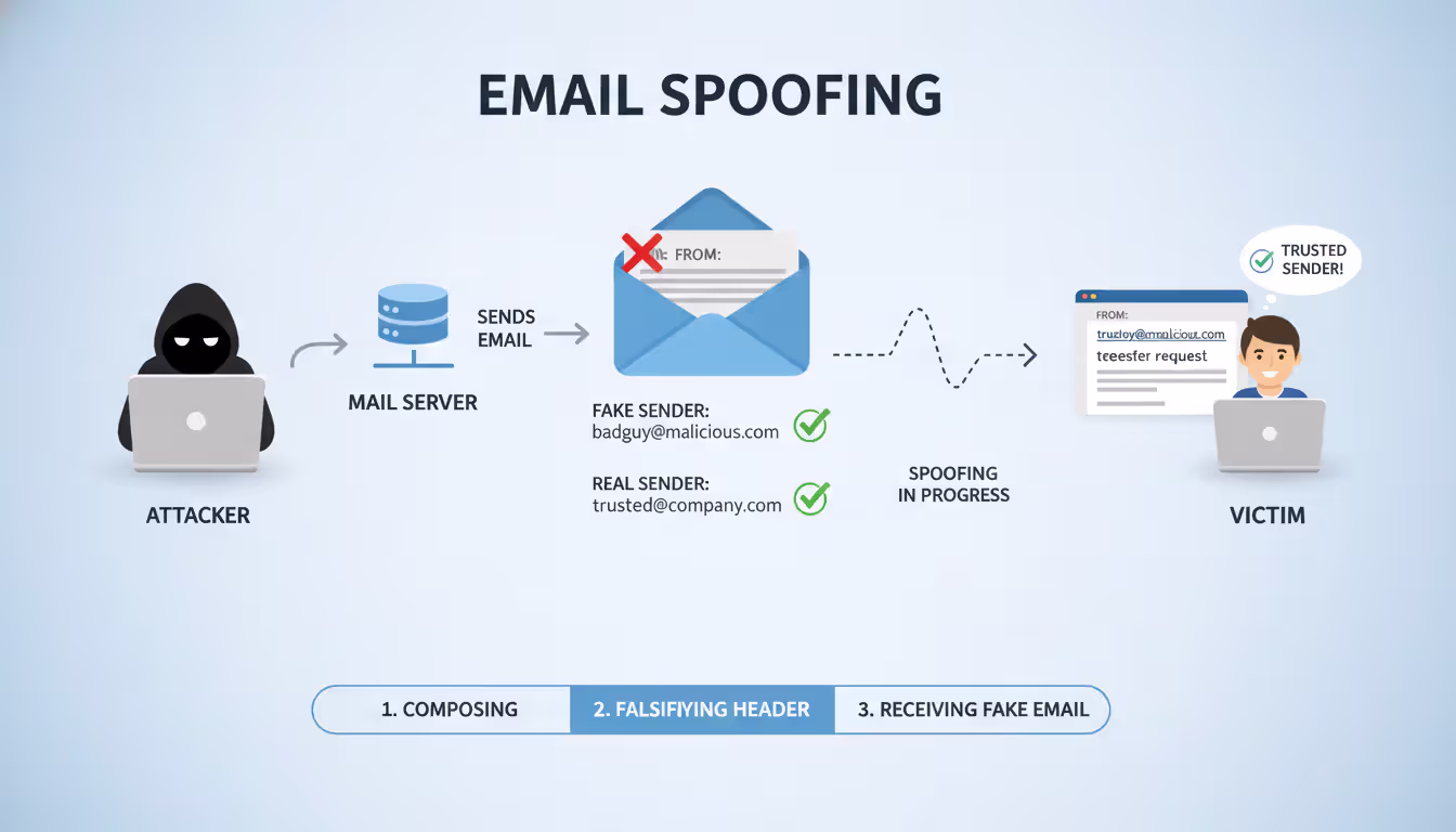 Diagram showing how email spoofing works from attacker to recipient