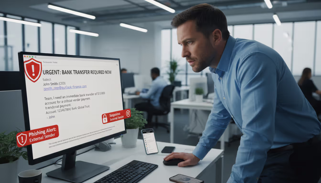 Office employee examining a suspicious urgent executive email