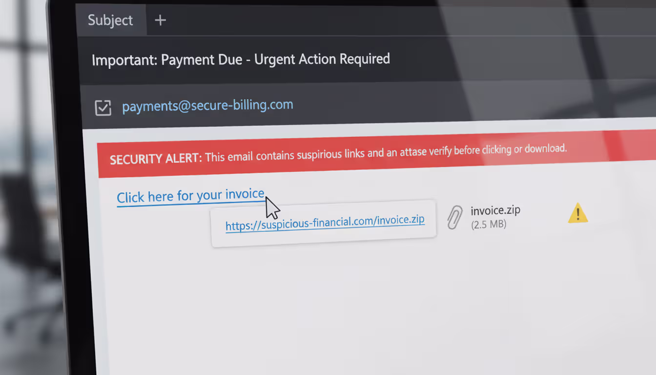Email interface showing link preview and suspicious attachment warning